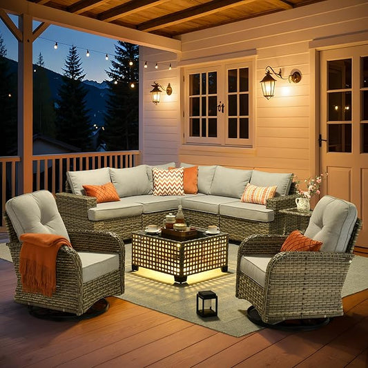 HOOOWOOO Outdoor Sectional Patio Furniture Set,9 Pieces Wicker Conversation Sets L Shaped Couch,Extra Deep Out Door Sofa Outside Furniture with Rocking Chairs,Light Gray