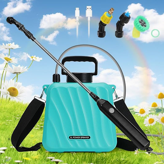 Battery Powered Sprayer, 1.35 Gallon Electric Cordless Garden Sprayer with USB Rechargeable Handle, 3 Adjustable Mist Nozzles, Telescopic Wand, Adjustable Shoulder Strap for Lawn, Garden, Cleaning