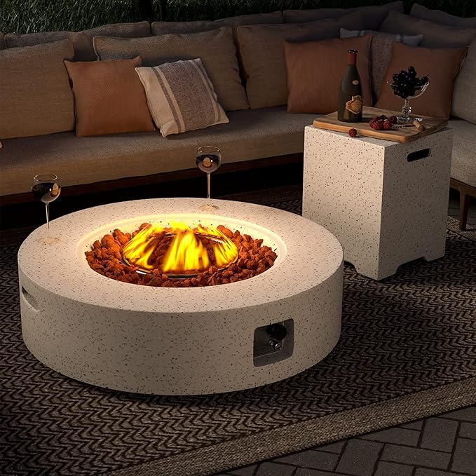 SUNBURY Outdoor Propane Fire Pit Table, 42 Inch 50000 BTU Round Spotted White Patio Gas Fire Table w Tank Cover Table, Lava Rocks, Waterproof Cover