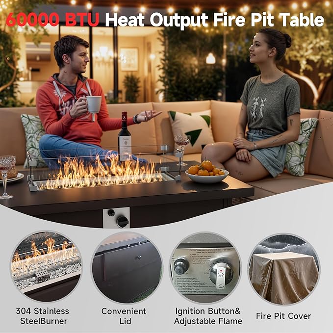 7 Pieces Patio Furniture Set with Propane Fire Pit Table, Outdoor Sectional Wicker Sofa with Cushions and Coffee Table, High Back Rattan Patio Conversation Sets, Navy