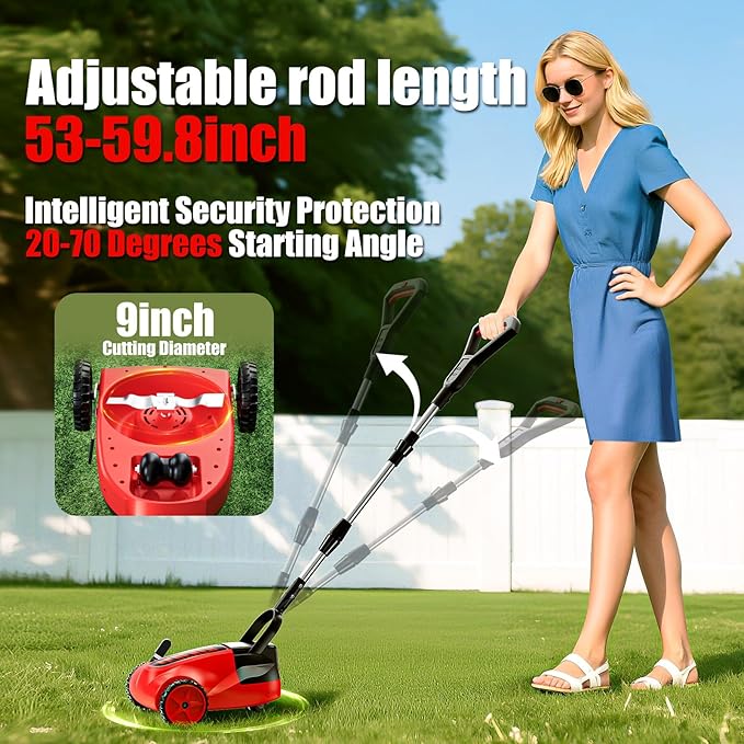 9 Inch Electric Lawn Mower, 6000RPM Weed Wacker with 2x4.0mAH Batteries, Brushless Cordless Lawn Mower with 3 Cutting Heights, Lightweight Electric Grass Trimmer with Safe Tilt 20°-70°for Yard Care