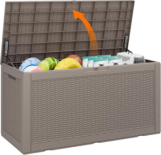 100 Gallon Resin Deck Storage Boxes Outdoor Waterproof, Lockable Outdoor Storage Container for Patio Cushions, Garden Tools, Pool Accessories,Grey