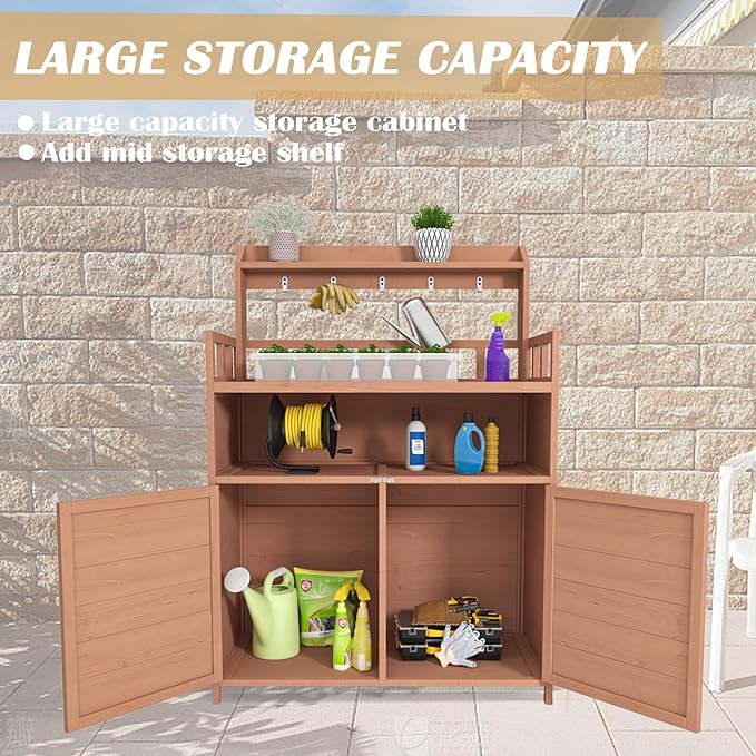 Outdoor Brown Wood Potting Bench - Spacious Gardening Table with Storage Cabinet & Top Shelf - Ideal for Planting and Organizing Your Garden!