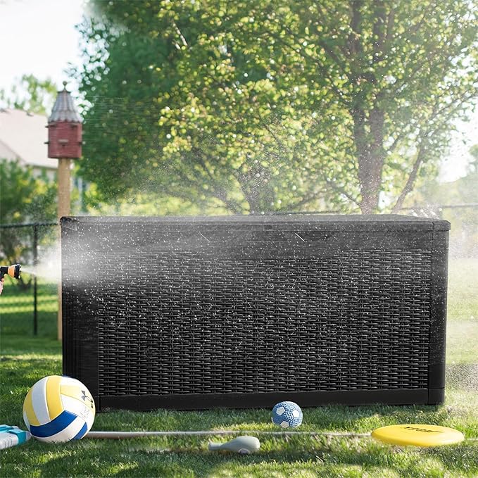 Greesum 100 Gallon Resin Deck Box Large Outdoor Storage, Imitation Rattan Weave Texture for Patio Furniture, Garden Tools, Pool Supplies, Weatherproof and UV Resistant, Lockable, Dark Black