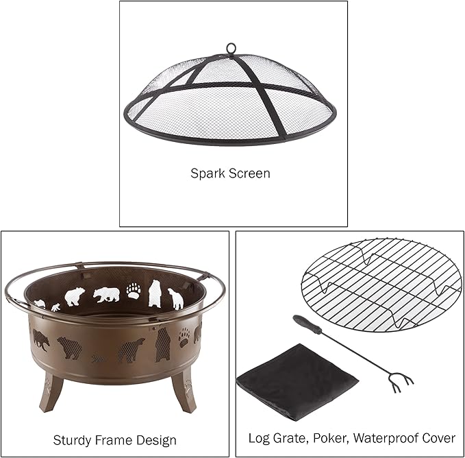 Pure Garden 50-LG1202 32” Outdoor Deep Fire Pit-Round Large Steel Bowl with Bear Cutouts, Mesh Spark Screen, Log Poker & Storage Cover-Patio Wood Burning, Antique Gold