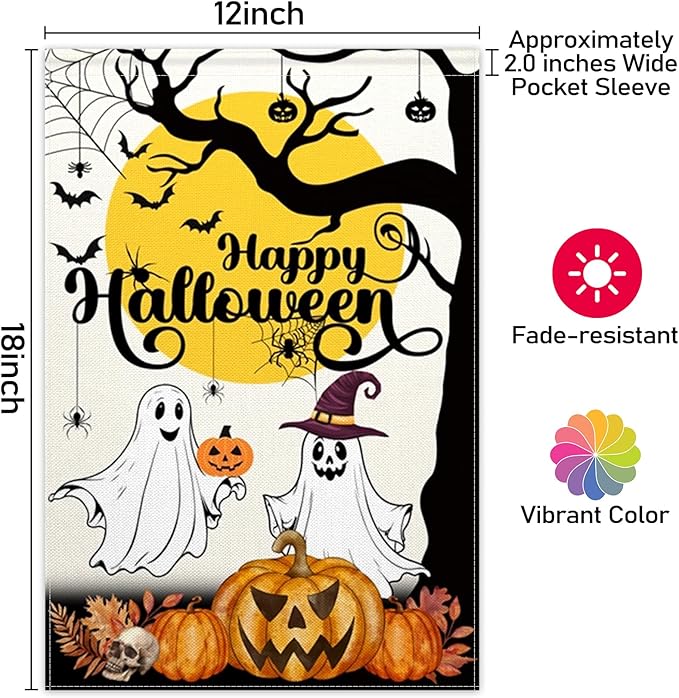 ChloropLastid Happy Halloween Ghost Garden Flag Double Sided 12x18 Inch Halloween Pumpkin Holiday Outside Outdoor Decorations Burlap Yard Flag