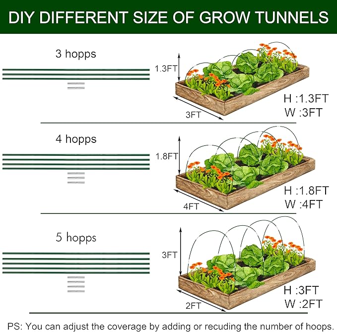 PHYEX Garden Hoops Greenhouse Hoops for Row Covers & Raised Beds, Rust-Free Fiberglass Frame, DIY Adjustable Garden Tunnel with Clips for Plant Covers, Netting, & Frost Protection, 30pcs
