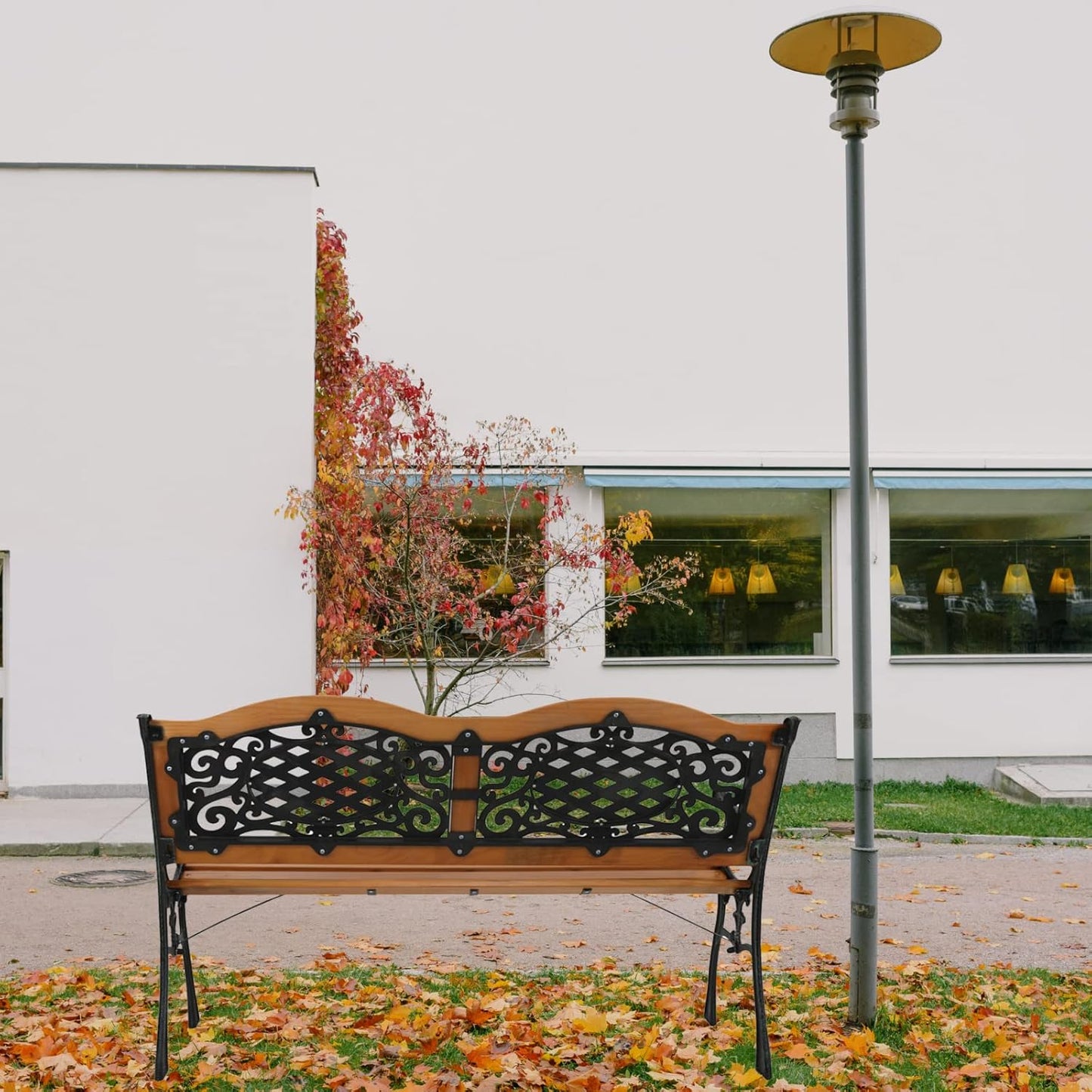 Outvita 49.5in Garden Bench, Patio Wood Love Seat with Metal Armrest Retro Style for Patio Porch Deck Yard Lawn Poolside(Classical)