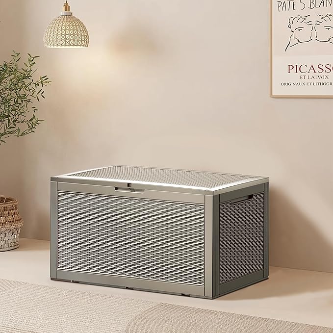 100GAL Brown Wicker - Textured Outdoor Deck Box with Lock - Waterproof, SGS - Approved UV Resistance, Aesthetic Storage for Patio Cushions and Decor, Quick and Easy to Set Up