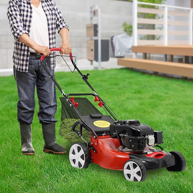 140CC 4 Stroke Walk-Behind Lawn Mower Gas Powered Push Lawn Mower with Wheels and Grass Collecting Bag Grass Trimmer for Yards Gardens Lawns, 8 Adjustable Height, 20-in Cutting Width,5HP