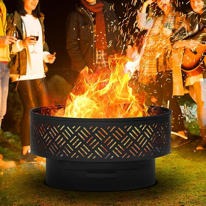 26" Wood Burning Fire Pits with Grill & Lid, Fire Pit Table for Outside with Waterproof Cover & Fire Poker, Outdoor Firepit with Functions for BBQ,Table and Bonfire