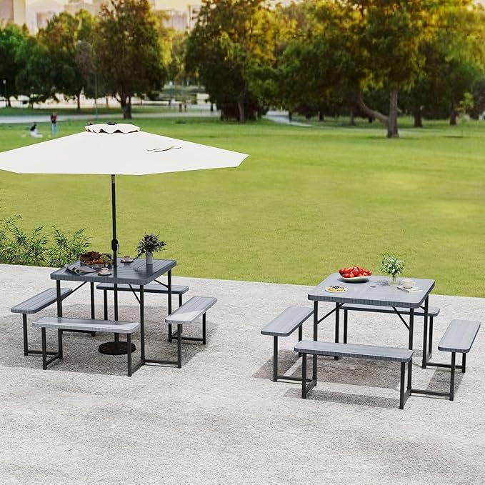 Tangkula 8 Person Picnic Table, HDPE Outdoor Square Table and Bench Set with 4 Built-in Benches, Umbrella Hole, Metal Frame for Garden Yard Patio Lawn