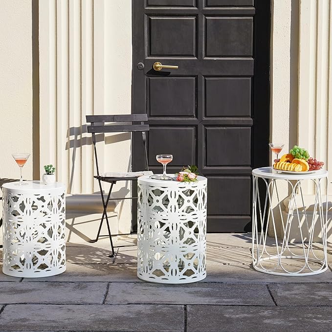Y&M Set of 3 Stacking Coffee Table for Living Room, Round Metal Coffee Table, Indoor End Tables, Outdoor Garden Stool with Heavy Duty Metal Frame Modern Industrial Decor - Pure White (Ship from US)