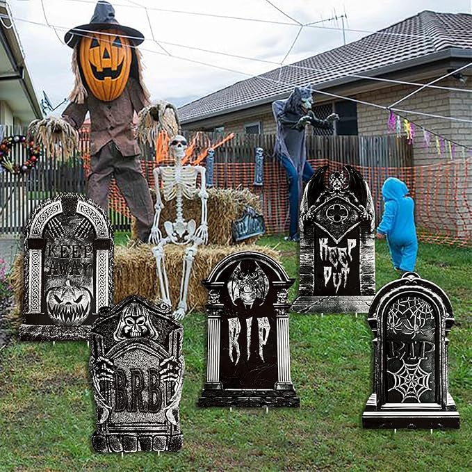 15.5“x23.6 Large Halloween Tombstones Outdoor Decor: Devil, Pumpkin, Bat, Spider, 5pcs Waterproof Safe Material Yard Signs, Halloween Gravestones for Home, Party, Cemetery Decor