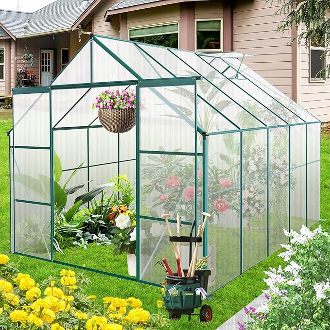 8×10 FT Greenhouses for Outdoors,Polycarbonate Greenhouse, Aluminum Heavy Duty Walk-in Garden Plants Green Houses, Raised Base and Double Sliding Door for Outside Backyard, Green