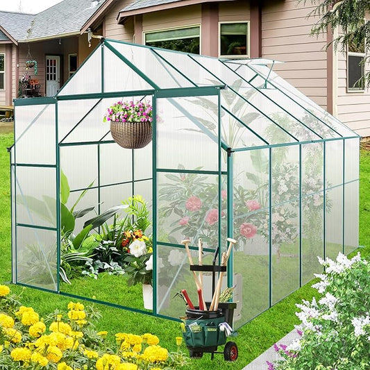 8×10 FT Greenhouses for Outdoors,Polycarbonate Greenhouse, Aluminum Heavy Duty Walk-in Garden Plants Green Houses, Raised Base and Double Sliding Door for Outside Backyard, Green