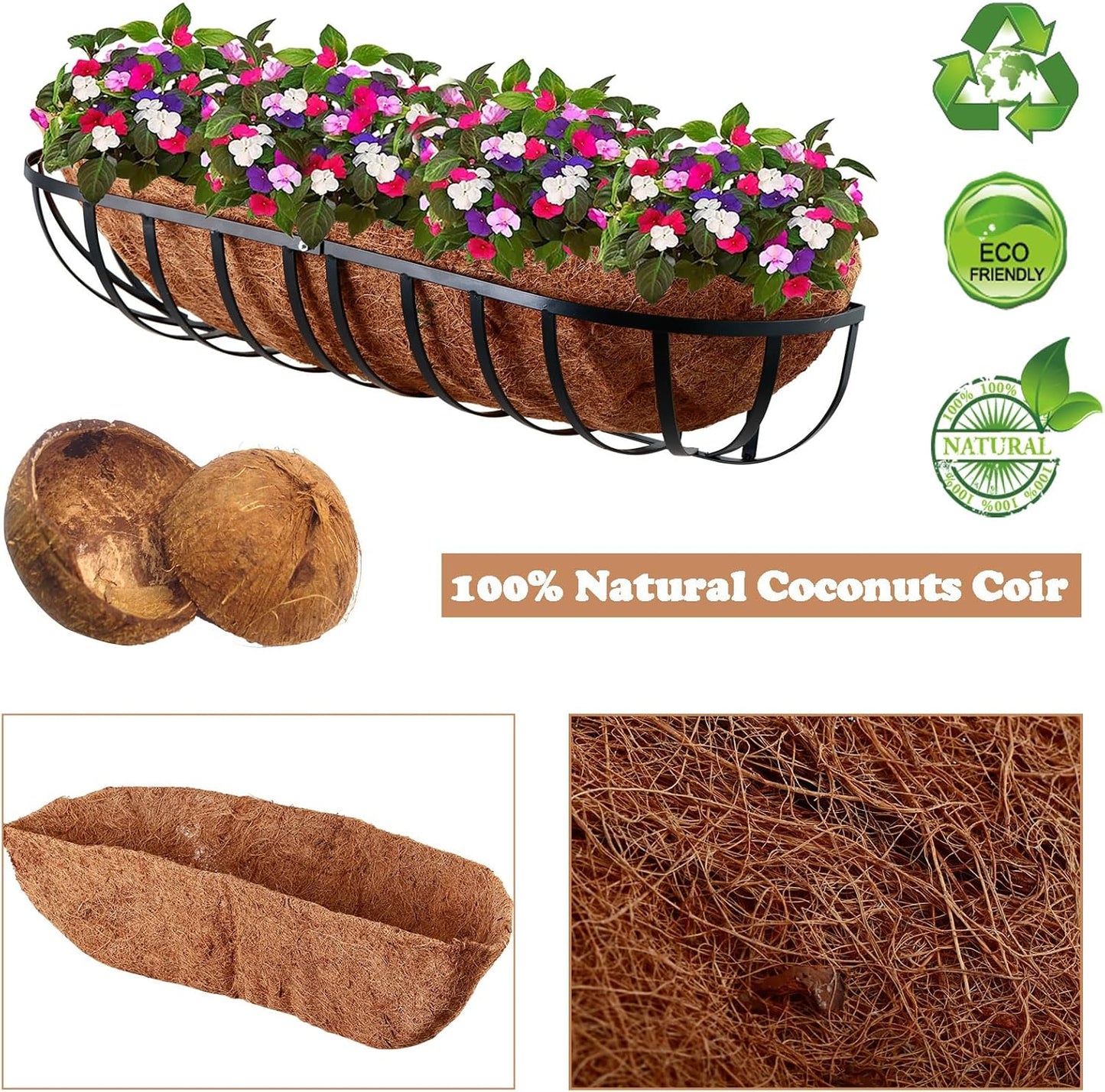 3 Pack Trough Coco Liner 36 Inch Hanging Basket Liners 100% Natural Coconut Husk Liners for Planters Window Box Planter Inserts for Large Pots Trough Planters Outdoor Garden Decoration