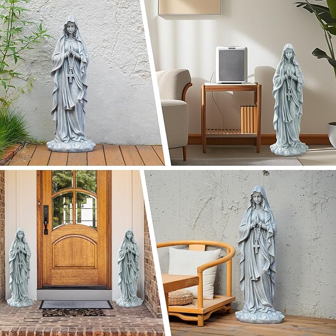 Virgin Mary Praying Statue 31.49 Inch Tall Outdoor Garden Religious Garden Outdoor Yard Patio Deck Home Entryway Hallway Sculpture Magnesium Oxide Stone （Grey Virgin）