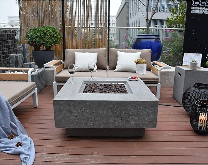 Elementi Manhattan Outdoor Gas Firepit Table 36 Inches Natural Gas Fire Pit Patio Heater Concrete High Floor Clearance Firepits Outside Electronic Ignition Backyard Fireplace Cover Lava Rock Included