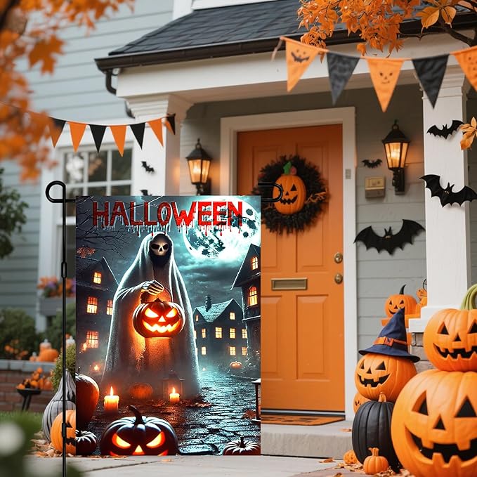 IVN Spooky Halloween Ghost Garden Flag 12x18 Inch Double Sided Frightful Character Outdoor Yard Decor Patio Accent with Pumpkin Lantern Design for Festive Lawn Ornament and Home Decor