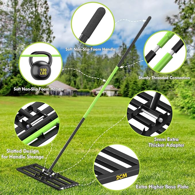 Seeutek Lawn Leveling Rake, 30” x 10” Lawn Leveler with 6.5FT Stainless Steel Handle Rakes for Lawns, 0-180° Adjustable Ground Leveler Tool for Yard, Level Soil Sand Dirt Surfaces