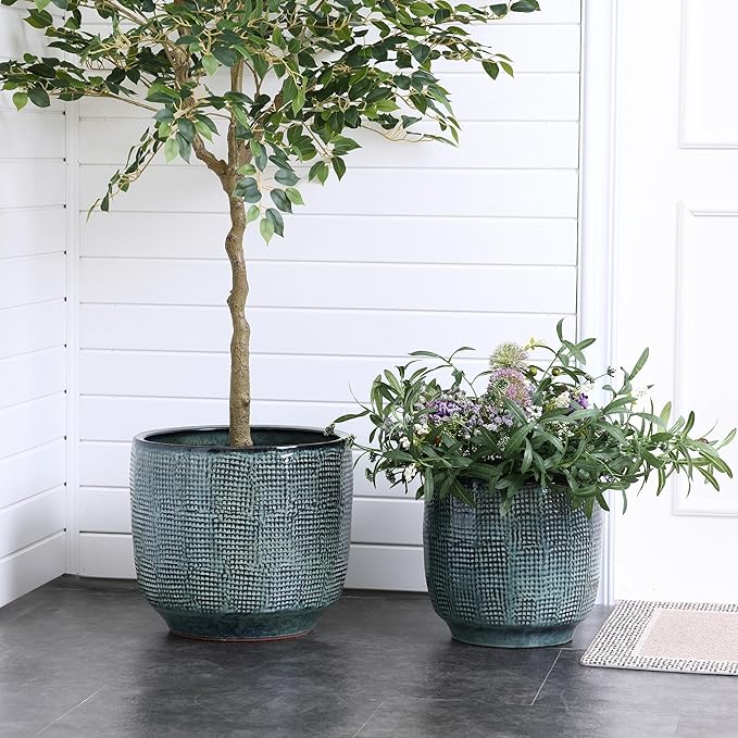 LuxenHome 12" Dia Large Ceramic Pots for Plants, Modern Green Glazed Planters for Outdoor Plants, Round Indoor Flower Pots with Drainage Hole and Rubber Plug for Home Garden Patio