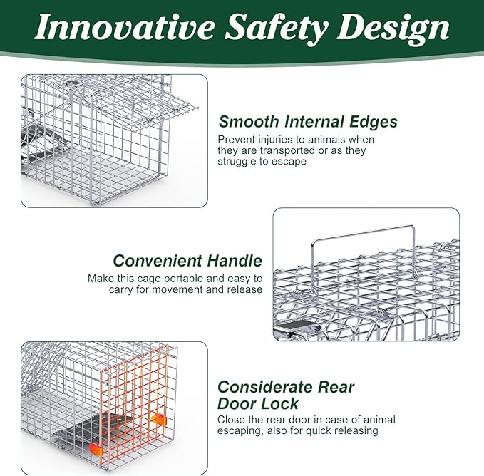 2 Pack Humane Rat Trap, Foldable Single Door Metal Mouse Cage for Small Squirrel Raccoon Feral and Other Small Live Animals, Easy to Catch and Release, Work for Indoor Outdoor