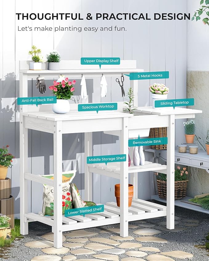 SERWALL Potting Table for Outside All Weather Use- White