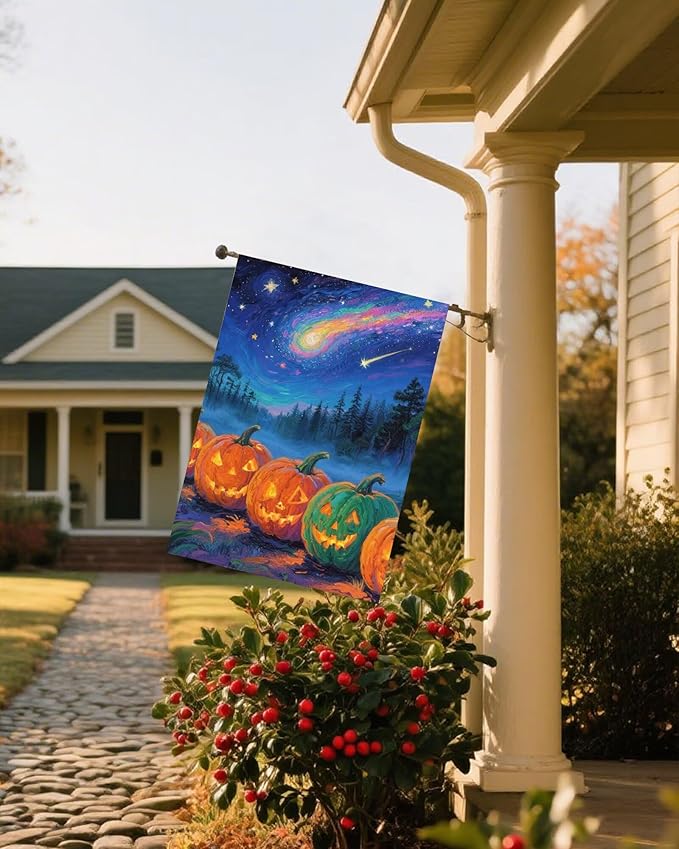 Halloween Jack O Lantern Pumpkins Starry Night Forest Holiday House Flag 28" x 40" Double Sided Polyester Welcome Large Yard Garden Flag Banners for Patio Lawn Home Outdoor Decor