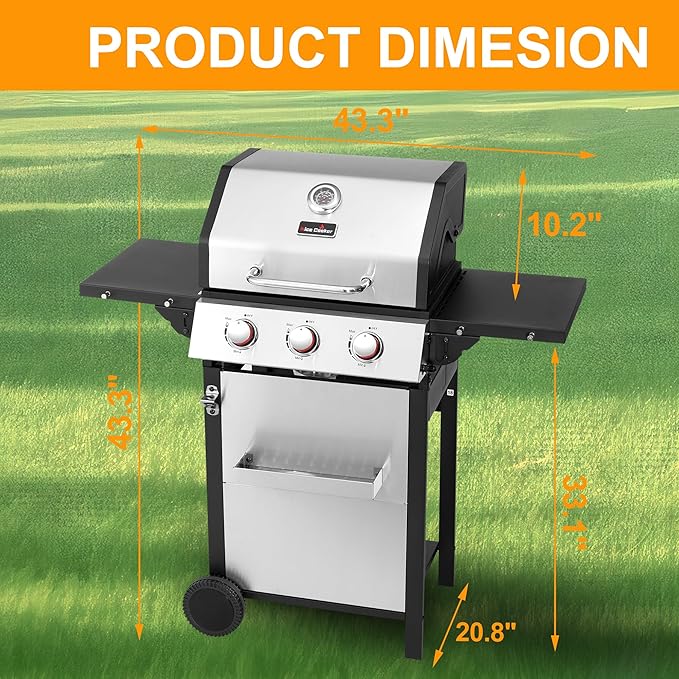 3-Burner Propane Gas Grill with 2 Foldable Side Tables, 30,000 BTU Outdoor BBQ Stainless Steel Grill with Porcelain-Enameled Cast Iron Grates and Thermometer, Easy Assembly for Patio, Backyard BBQ
