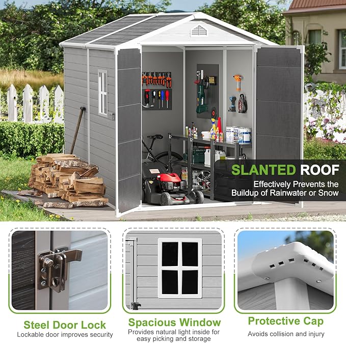 Plastic Sheds 6x8 Shed Resin Outdoor Storage with Floor Included, Waterproof Lockable Garden Tool Storage Cabinet