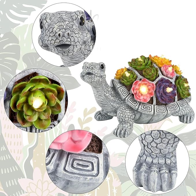 FORUP Turtle Garden Statue, Resin Turtle Figurine Garden Lawn Ornaments with Solar LED Lights for Outdoor Yard Garden Decorations, Grey