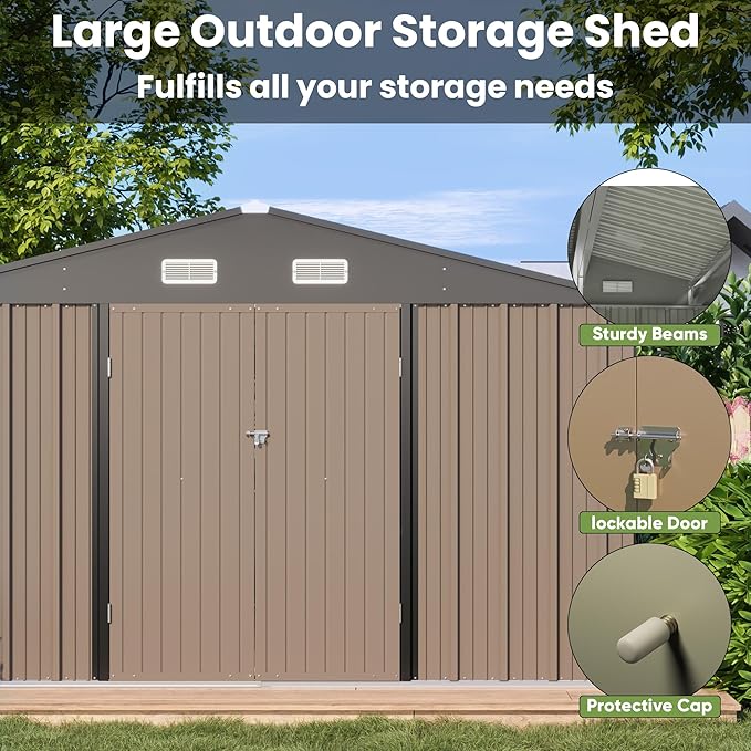 Patiowell 10 x 10 FT Outdoor Storage Shed,Metal Yard Shed with Design of Lockable Doors, Utility and Tool Storage for Garden, Patio, Backyard, Outside use,Brown