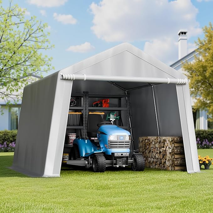 VEVOR Outdoor Storage Shed, 10 x 10 ft Portable Storage Tent with Roll-up Door & Vents, Waterproof Canopy Shed Shelter, Heavy Duty Frame, Patio Garage Carport for Motorcycle, Lawn Mower, Bike, Grey