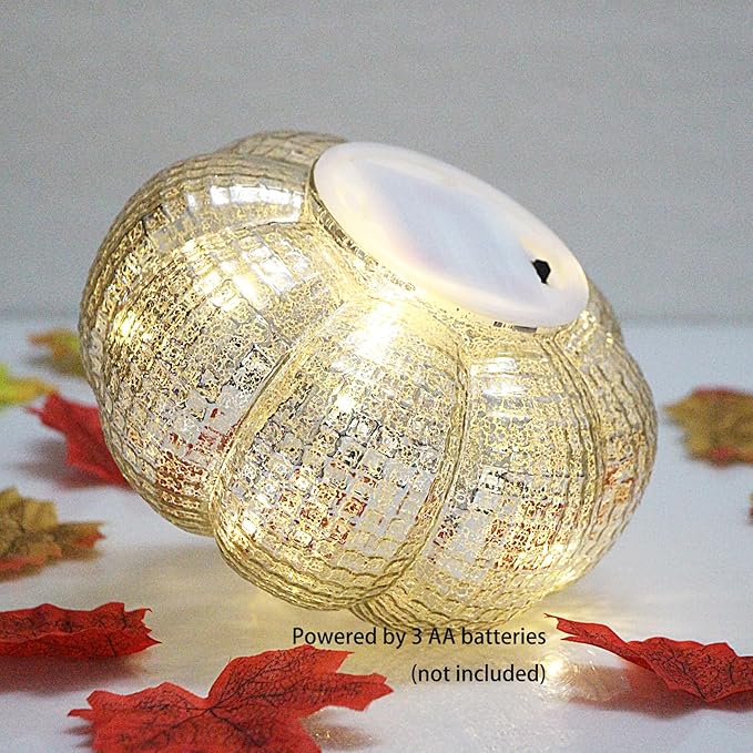 Mercury Glass Pumpkin Lights with Timer, Battery Operated Led Pumpkin Lights for Halloween Fall,Thanksgiving Rustic Decor (Silver Grid-Patterned, 5.5")