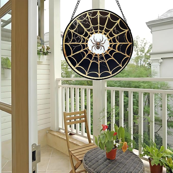 Stained Glass Window Hanging - Black Gold Spider Suncatcher for Door Terrace Garden Home Decor Halloween Sun Catcher Christmas Birthday Gifts for Lovers Women Men Dad Mom Nana 9.8 in