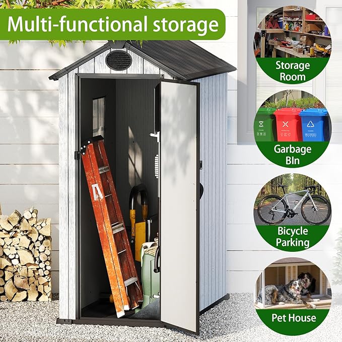 3 x 5 FT Shed Resin Outdoor Storage with Floor, Plastic Shed with Window and Lockable Door for Garden, Backyard, with Wood Texture, Grey