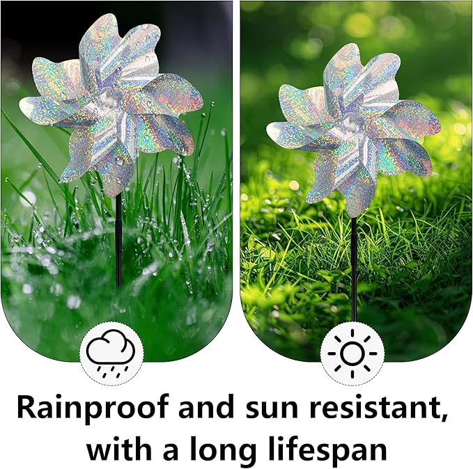 Reflective Bird Repellent Pinwheels, 7.1 inches in Diameter,Silver dot 8-Blade Reflective Windmill, Outdoor Bird Deterrent, High Reflective Effect, for Yard, Balcony, Garden, Scare Birds.