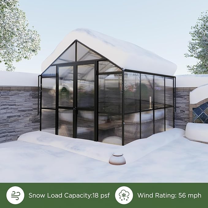 HOWE 8x8x7.5 FT Aluminum Greenhouses for Outdoors,Polycarbonate Greenhouse with 2 Vents Lockable Swing Door Rain Gutter,Walk-in Greenhouse for Backyard Plants, Black