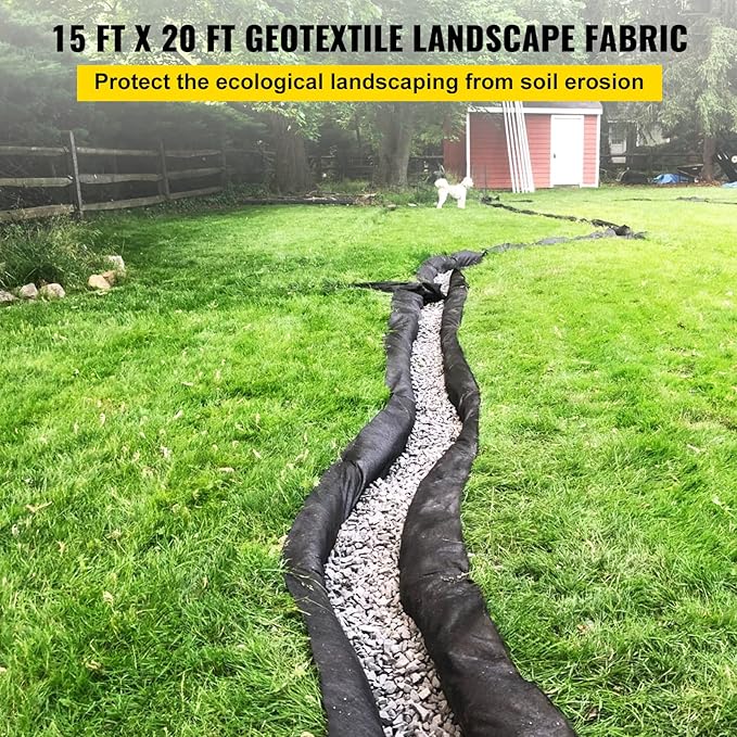 VEVOR Geotextile Landscape, 15ft x 20ft 4 oz Non-Woven PP Drainage 350N Tensile Strength & 440 N Load Capacity, for Ground Cover, Garden Fabric, French Drains, Black