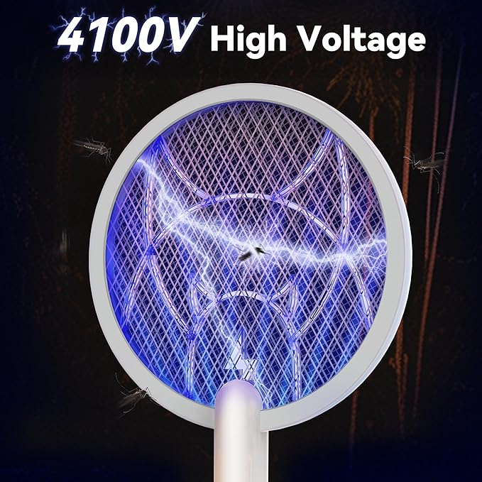 Electric Fly Swatter Racket, 2 in 1 Mosquito Bug Zapper 4100V Handheld Mosquito Killer with 1800 mAh Rechargeable Battery, Purple Light and 3-Layer Safety Mesh for Indoor Outdoor Grey