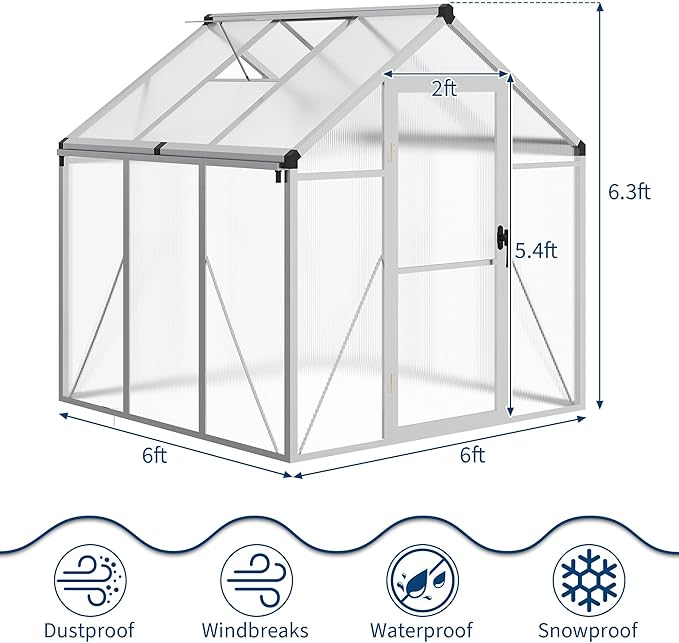 6x6 FT Greenhouse for Outdoors, Polycarbonate Flower Greenhouse with Roof Vent, Push-Pull Lockable Door, Aluminum Walk-in Greenhouses for Outside Garden Backyard, Patio, Lawn, Silver