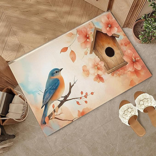 Watercolor Blue Bird Indoor Outdoor Rugs,Spring Flowers Doormat Outside Entrance,Non-Slip Welcome Mat Indoor Felt Floor Mat for Back Door Patio, Porch,Home Entryway,30 x 17 Inch