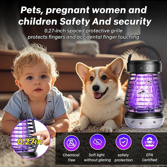 Upgraded Electric Fly Zapper,3 in 1 Bug Zapper Outdoor & Indoor, Electric Mosquito Killer Lamp with 2000V Grid & On/Off Switch, Mosquito Traps for Kitchen, Patio, Backyard, and More (Black)