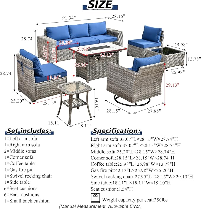 HOOOWOOO 9 Piece Modular Patio Outdoor Sectional Furniture Set with Large Propane Fire Pit Table,Wicker Conversation Sofa Set with Swivel Chairs,Outside Couch Set(Navy Blue)