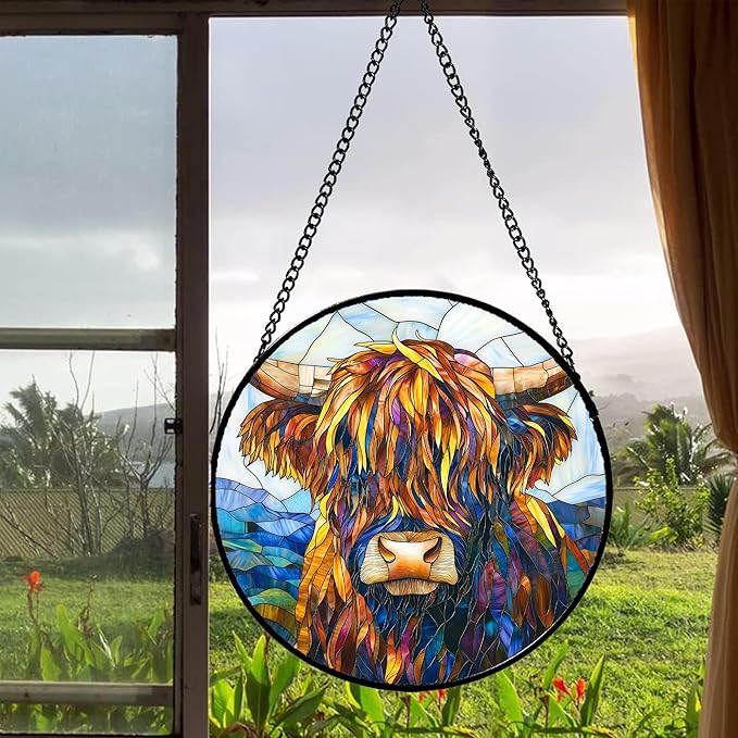 Stained Glass Window Hanging - Highland Cattle Suncatcher for Door Terrace Garden Home Decor Western Style Brown Cow Sun Catcher Birthday Gifts for Lovers Women Men Dad Mom Nana 7.8 in