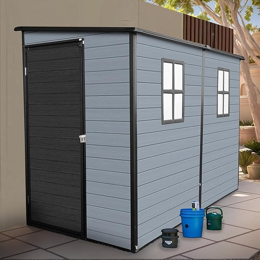 8x4ft Lean to Shed, Resin Outdoor Storage Shed with Floor and 2 Windows, Plastic Sheds & Outdoor Storage Clearance for Patio Furniture, Garden Tools Bike Accessories, Beach Chairs, Black+Grey