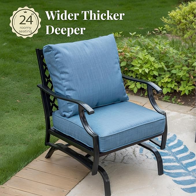 Patio Furniture Set, 6 Pcs Metal Outdoor Conversation Set, 2 Rocker Chairs, 2 Ottomans and 3 Seater Sofa with 5.75" Extra Thick Cushion and Gas Fire Pit Table, Navy Blue