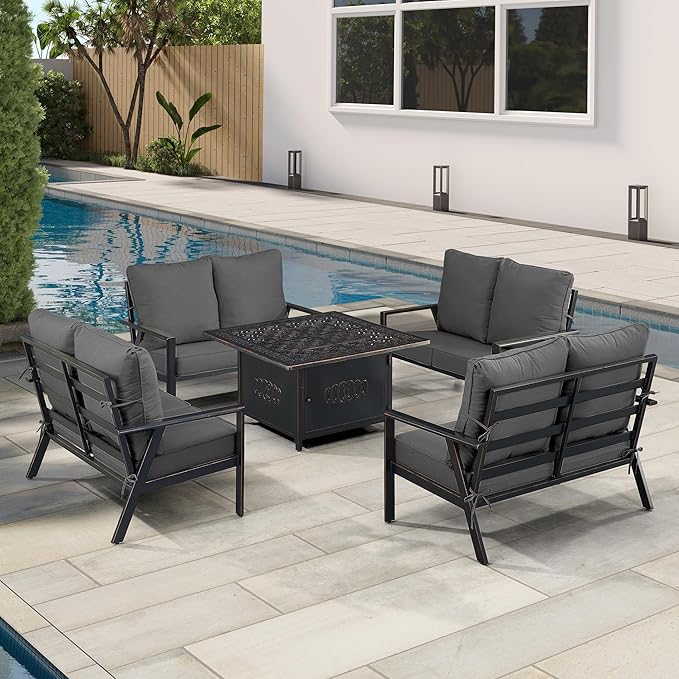 Oakland Living Black Aluminum Patio Fire Table Set with Four Deep Seating Loveseats with Cushions with Black Cushions