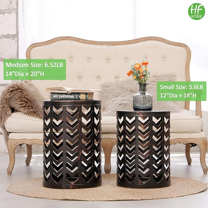 HFHOME Set of 3 Metal Side End Tables Nightstand, Multifunctional Nesting Round Coffee Table for Indoor, Heavy Duty Plant Stand Outdoor - Black with Bronze Prush (Ship from US)